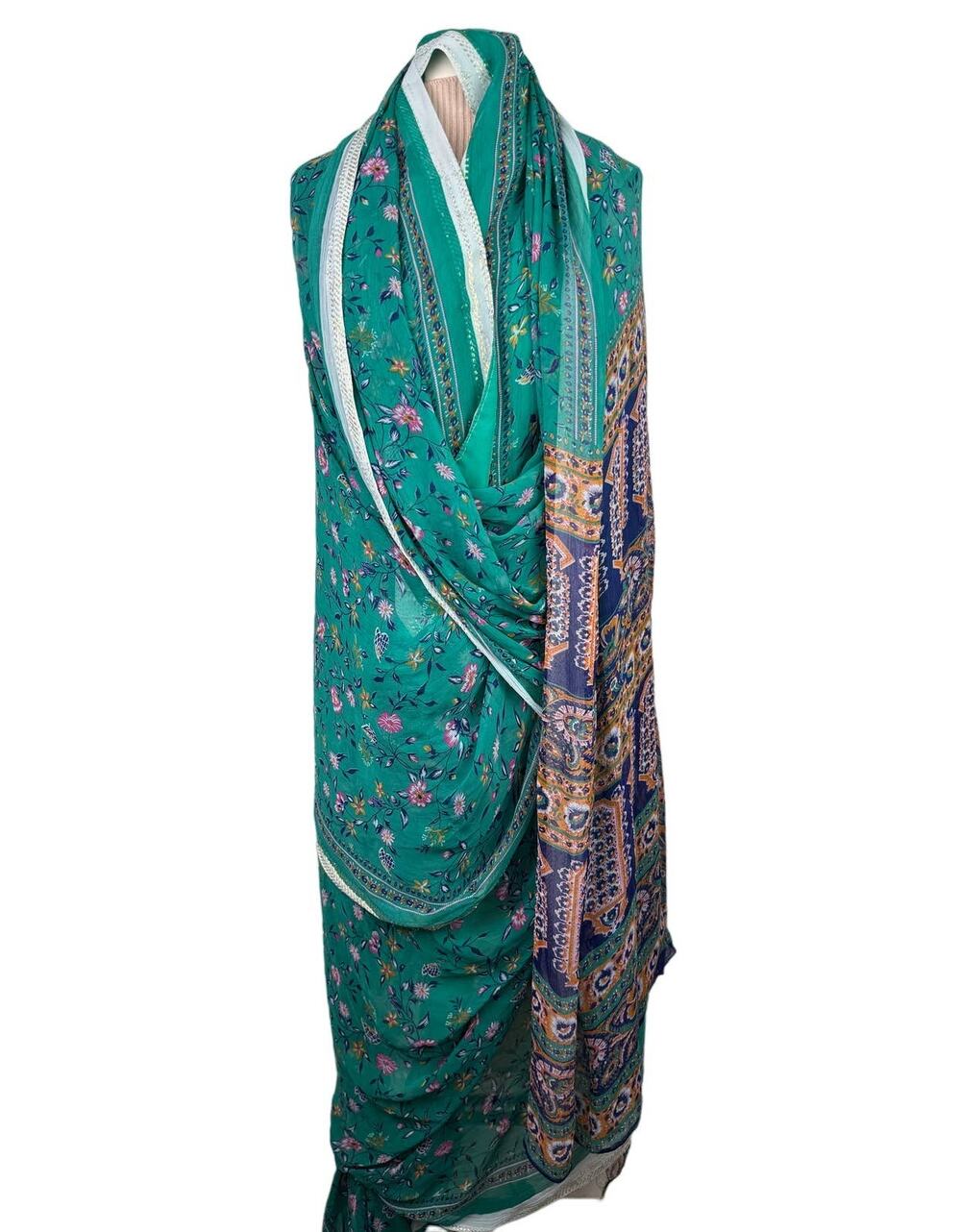 Green Brown Long Scarf Silk Floral Around Neck Rectangle Shaped Regular Fit